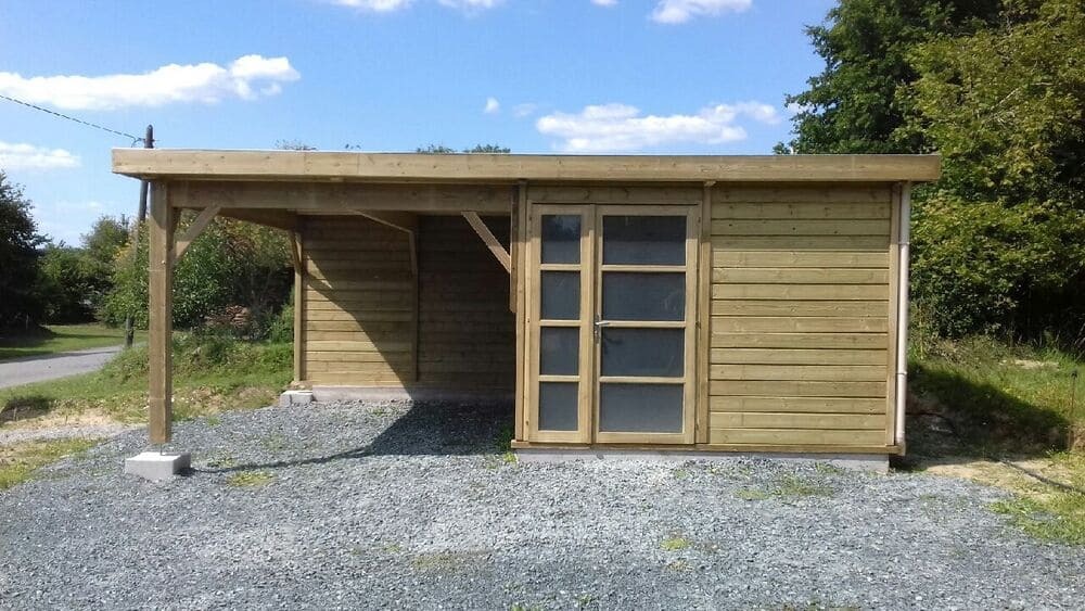 abri + carport bois trait 4m71x3m11+auvent 3m04