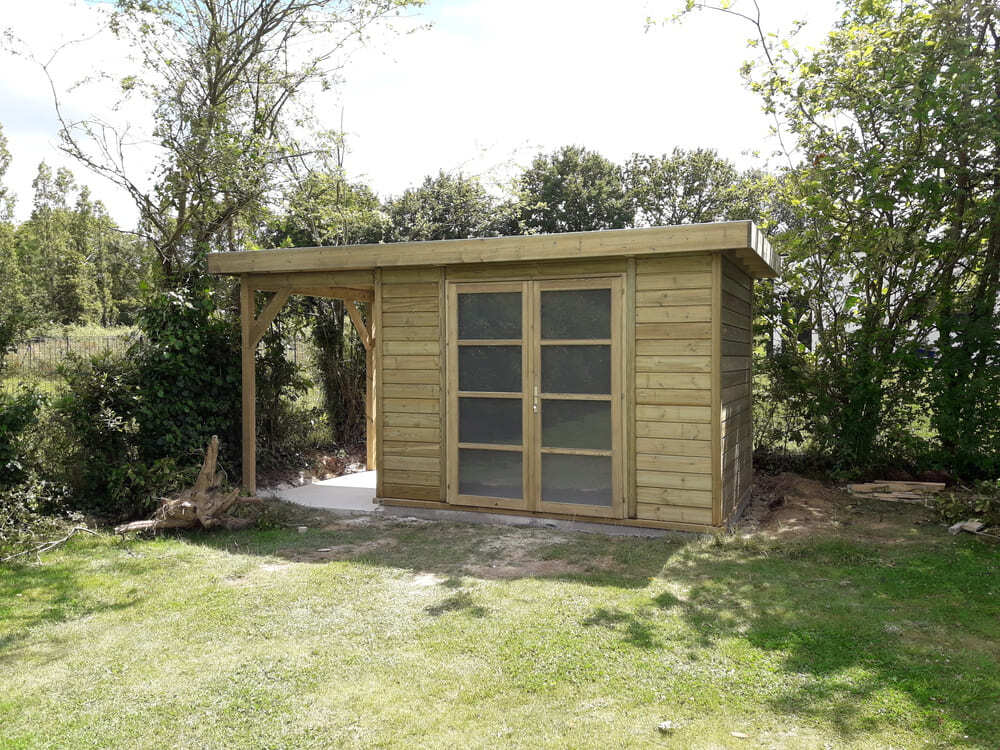 abri de jardin moderne avec auvent bucher 2m31x3m11+auvent 1m52