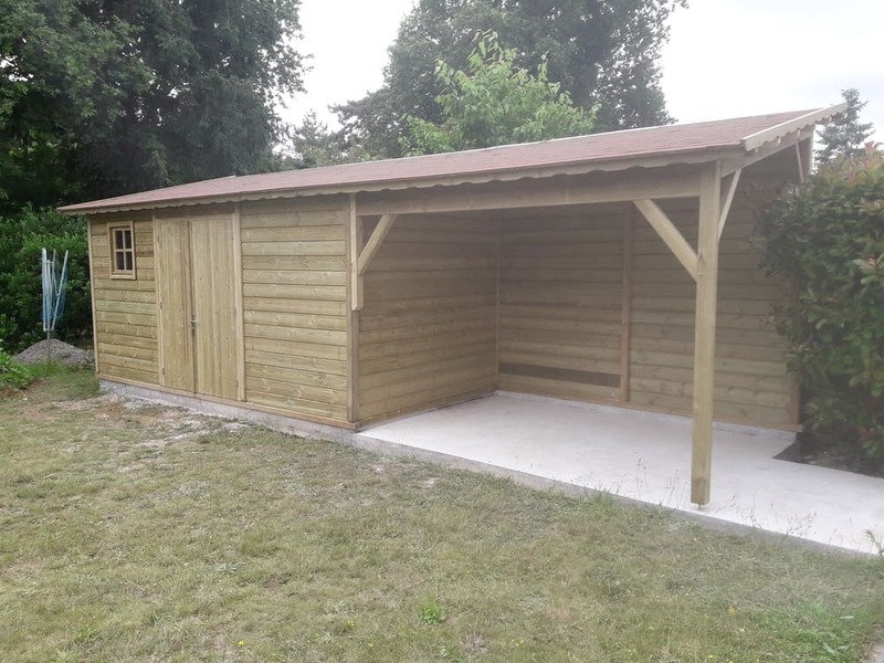 abri de jardin bois trait 1 pente 2m31x4m63+auvent 3m04